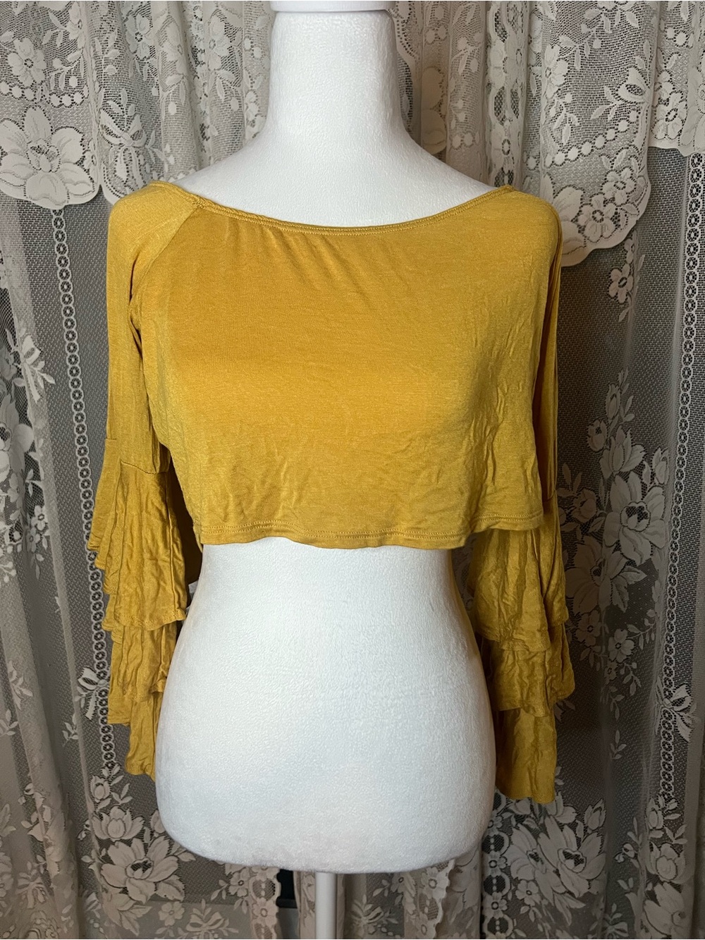 Made in USA Liliana Mustard Ruffle Sleeve Crop Top Off Shoulder Plus Size